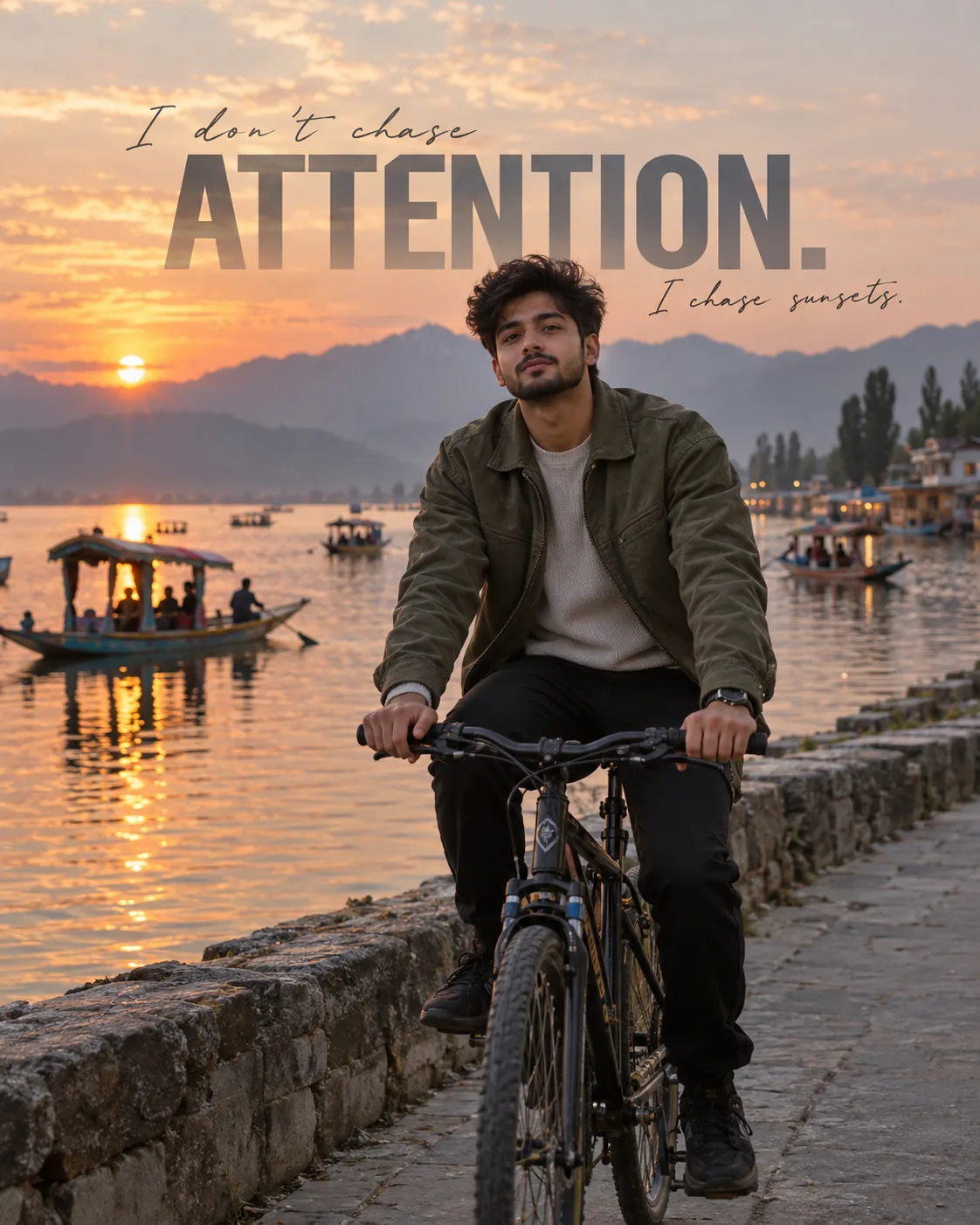 A realistic cinematic photograph of a handsome INDIAN man riding a bicycle along the edge of Dal Lake at sunset, wearing an olive-green