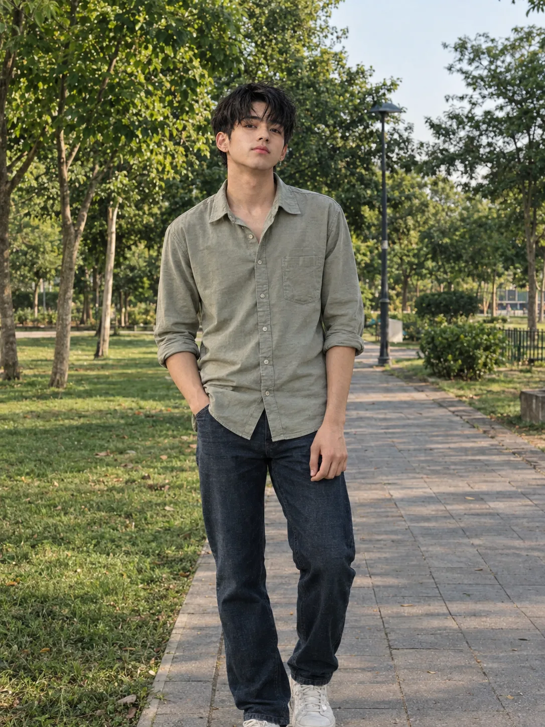 Ultra realistic natural cinematic photograph of a young man standing in a quiet outdoor park during soft daylight, shot on a real DSLR
