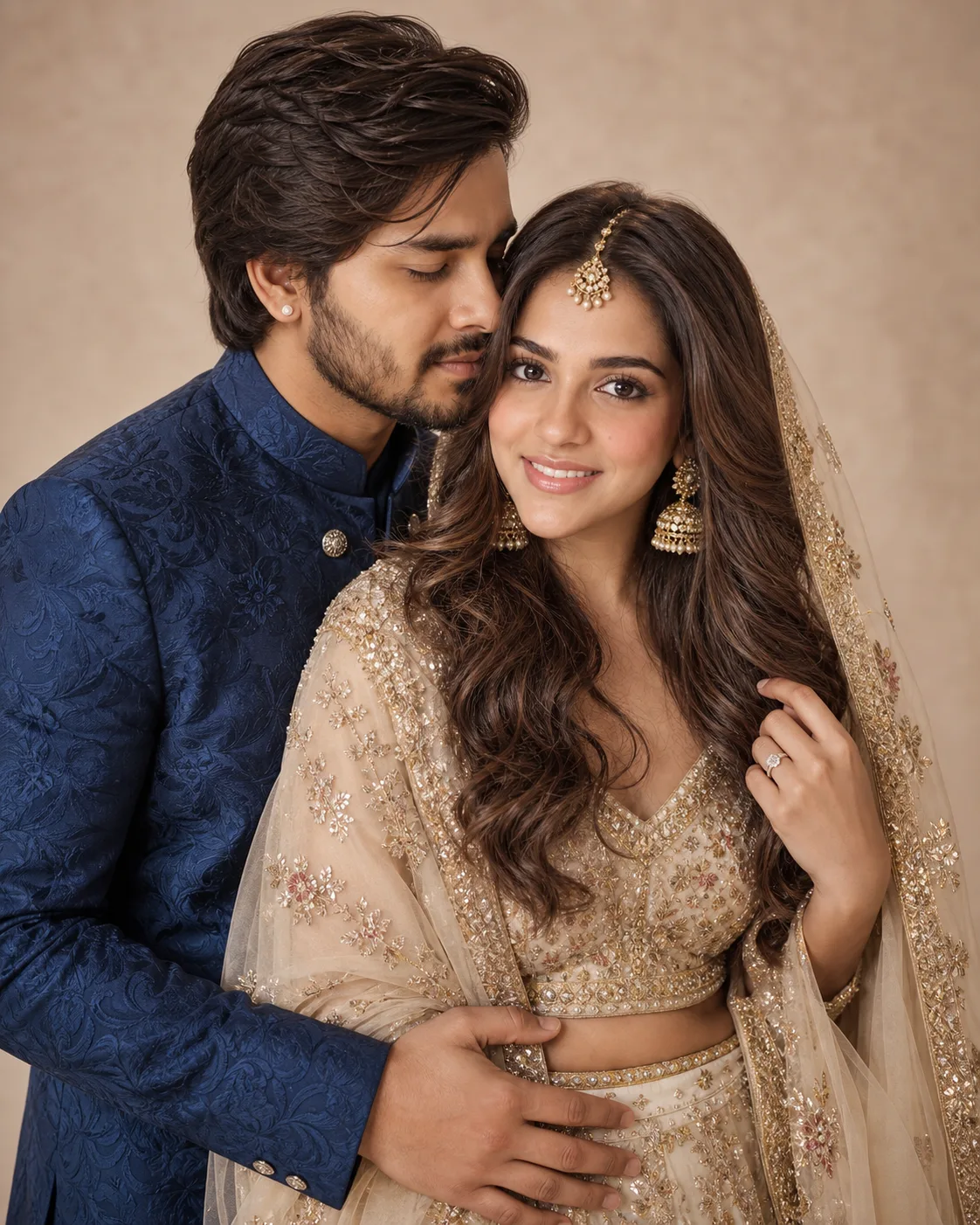 A romantic portrait of a young Indian couple in traditional wedding attire, soft beige studio background.