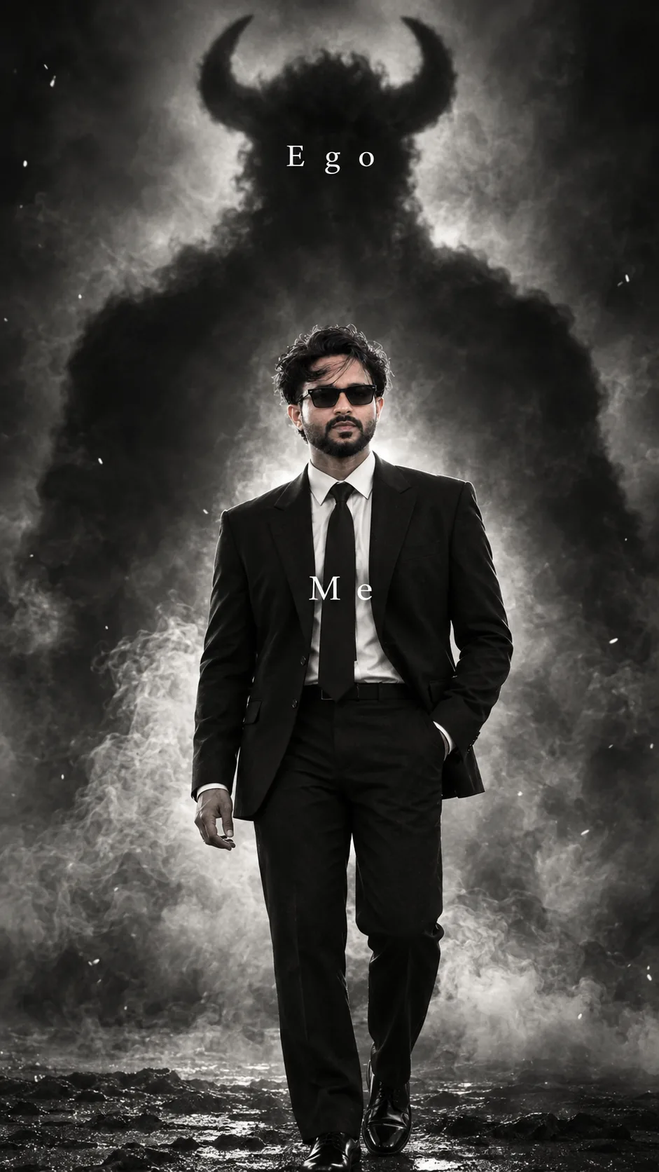 Create a highly realistic cinematic vertical portrait of a stylish young Indian man standing confidently in a dark, dramatic atmosphere,