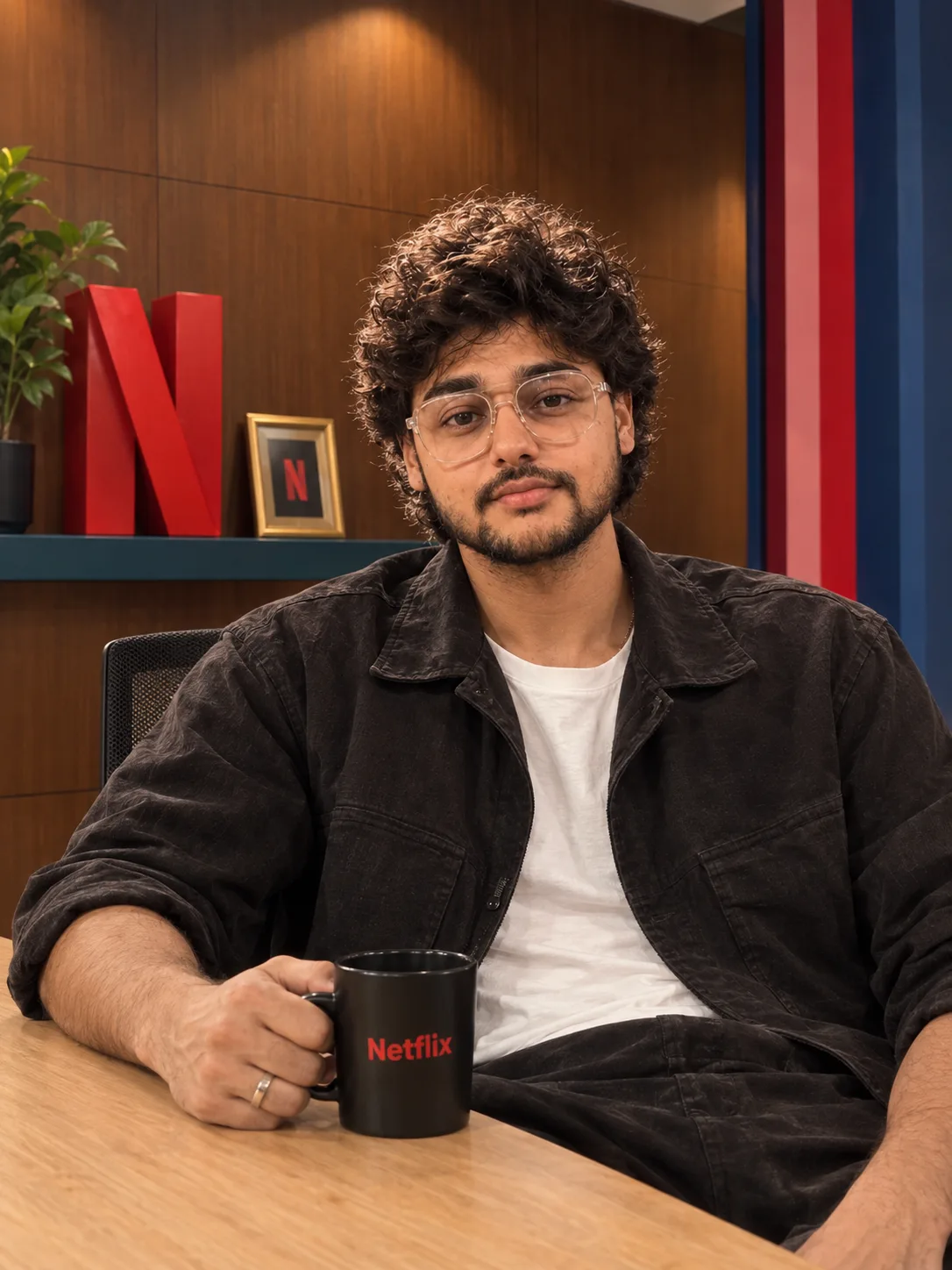 "A stylish, candid lifestyle portrait of a young man with short, thick, tousled black hair, light stubble, and a trimmed mustache, looking
