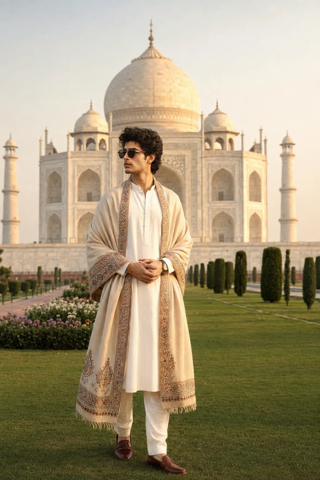 A breathtakingly handsome young male fashion model standing gracefully in front of the magnificent Taj Mahal during the golden morning