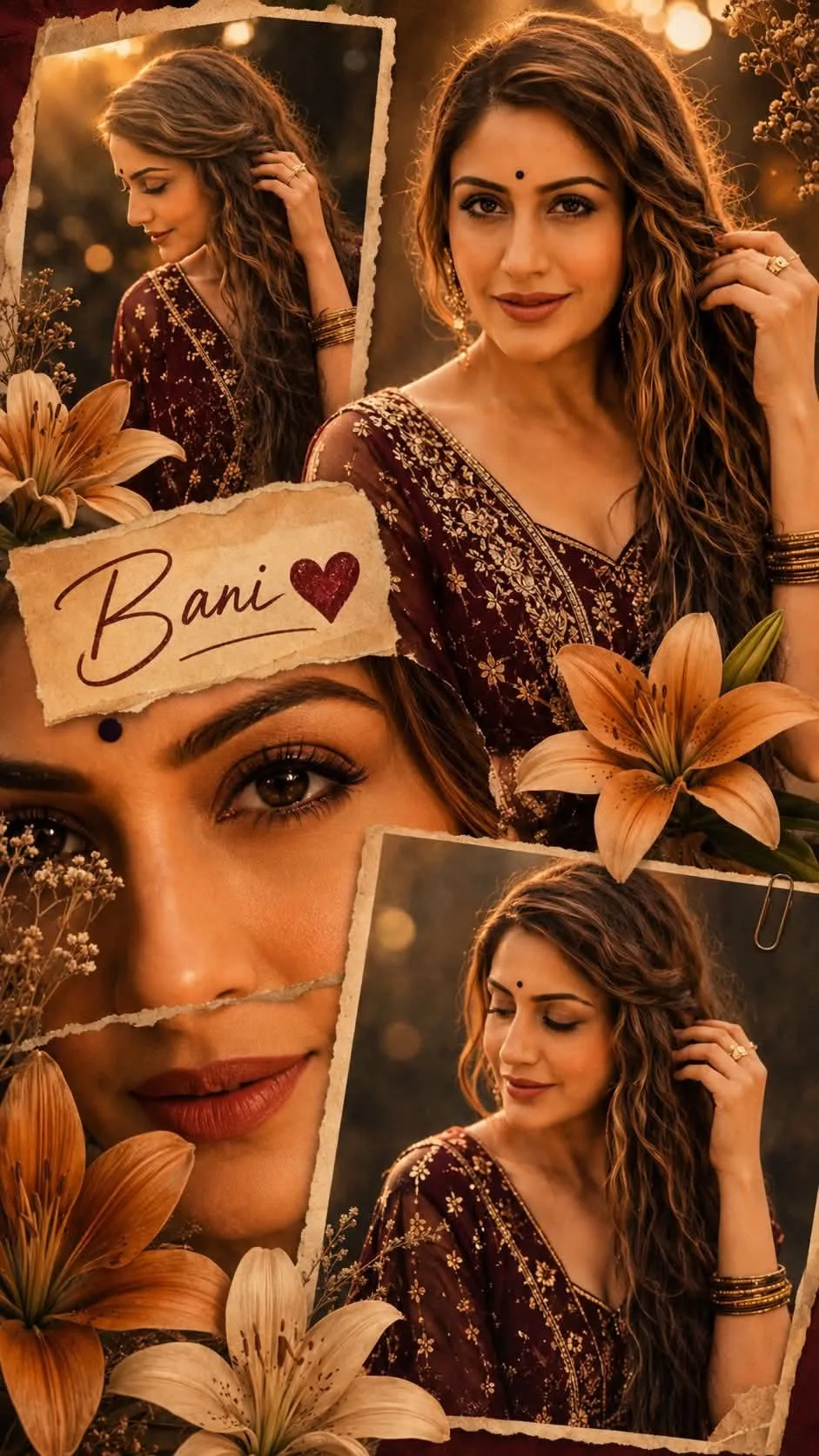 A romantic aesthetic photo collage poster featuring multiple images of a beautiful young South Asian woman with long, wavy light brown
