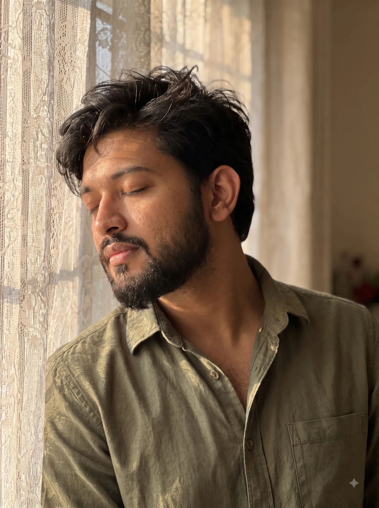 Photorealistic cinematic portrait of an adult person based on the uploaded face reference, sitting beside a sunlit window with eyes closed