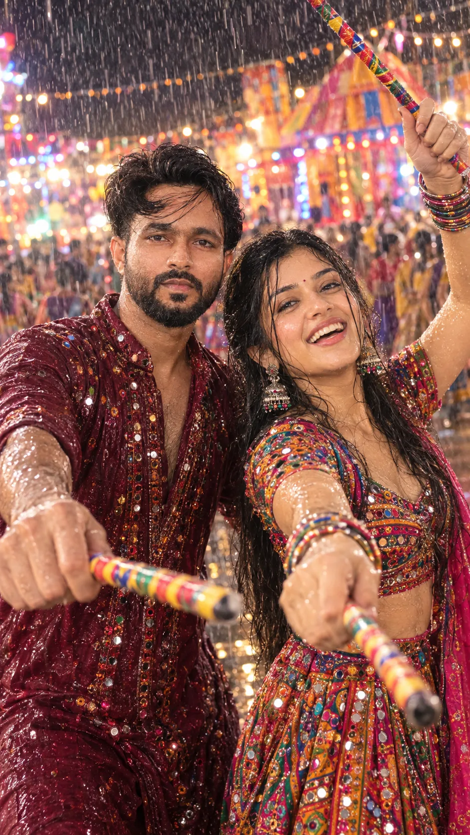 Create a highly realistic, photorealistic cinematic vertical 9:16 photograph of a young South Asian man and woman celebrating