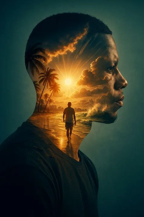 A striking surreal double exposure digital artwork.
