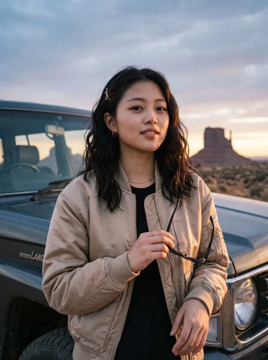 A low-angle, stylish fashion portrait of a chic young woman sitting effortlessly on the hood of a dark SUV or vintage off-road vehicle