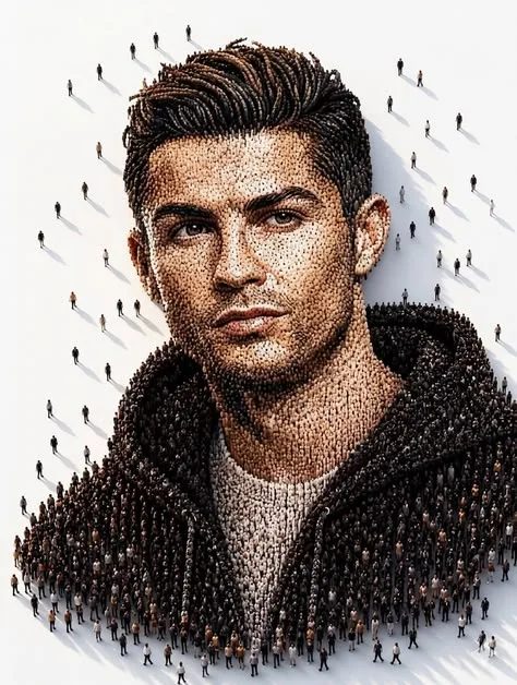 "A breathtaking aerial mosaic art piece creating a giant portrait of famous footballer Cristiano Ronaldo, made entirely out of thousands of