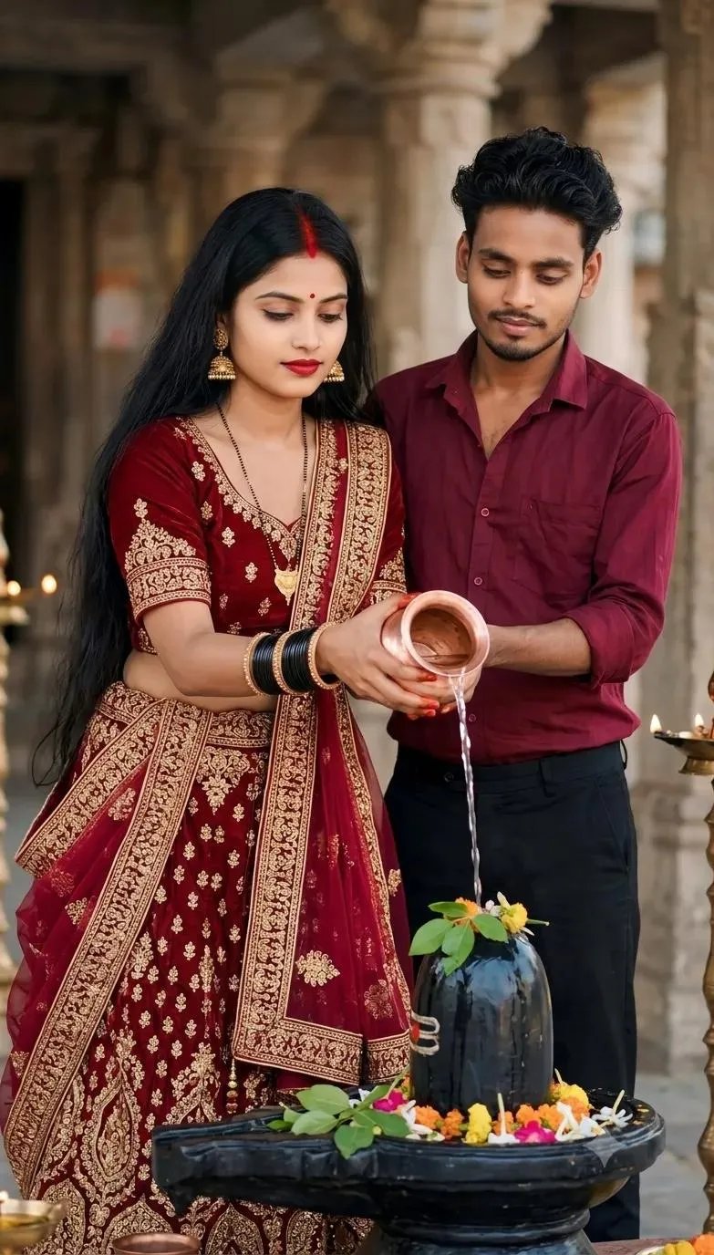 Create a Beautiful Indian woman with long flowing black hair, wearing an ornate deep red and gold embroidered traditional lehenga, gold