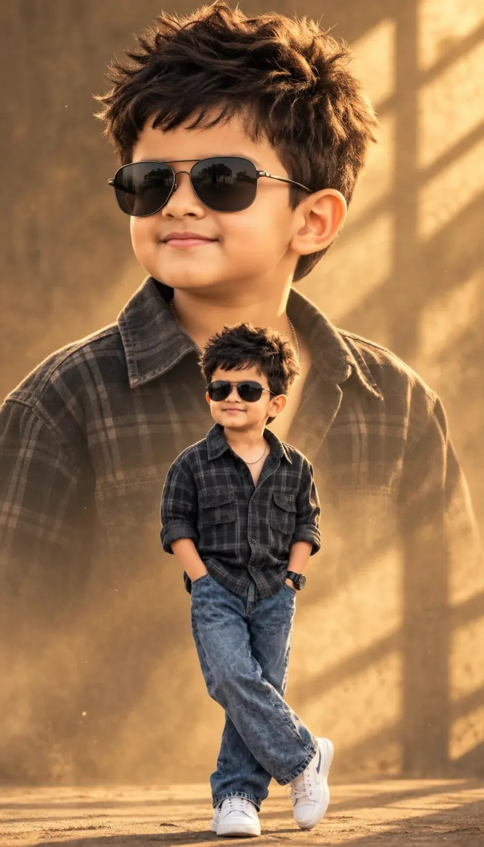 Same adorable 6-year-old Indian boy, strict face preservation, messy textured black hair, black sunglasses, dark plaid shirt, blue relaxed