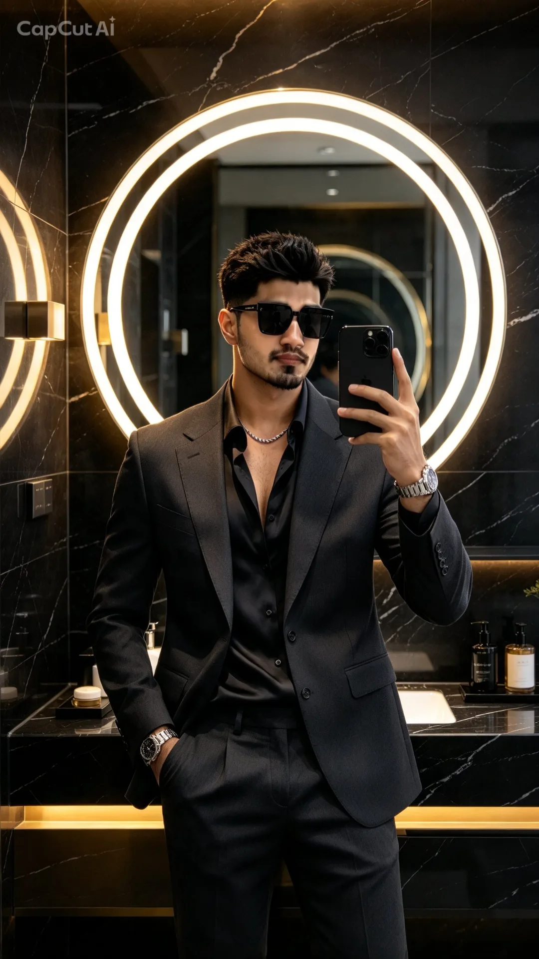 Ultra-realistic mirror selfie of a handsome man, preserving his facial features, hair style, and skin tone. He is wearin