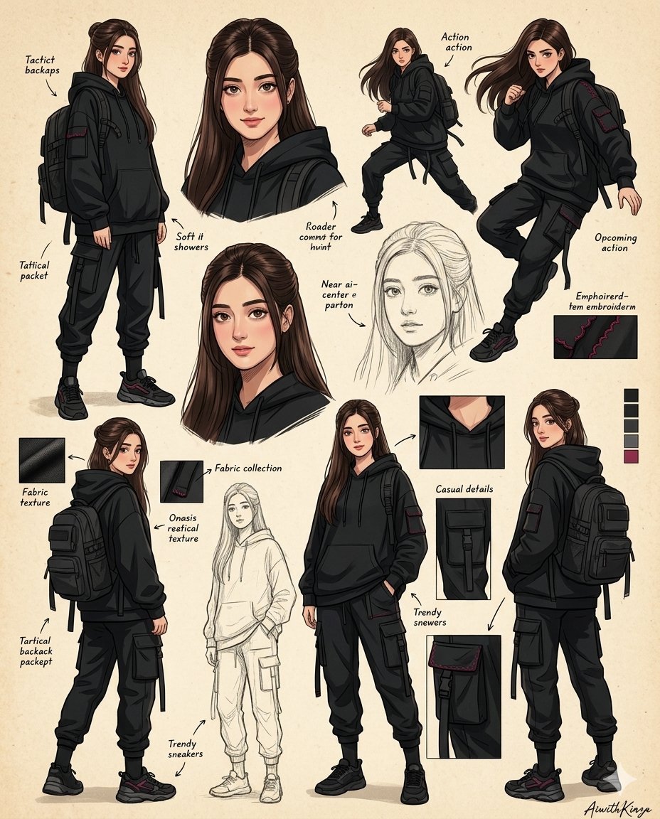 Image Using On Gamini Nano Banana pro Prompt💬 An ultra-detailed anime-inspired character moodboard poster of a beautiful young South Asian