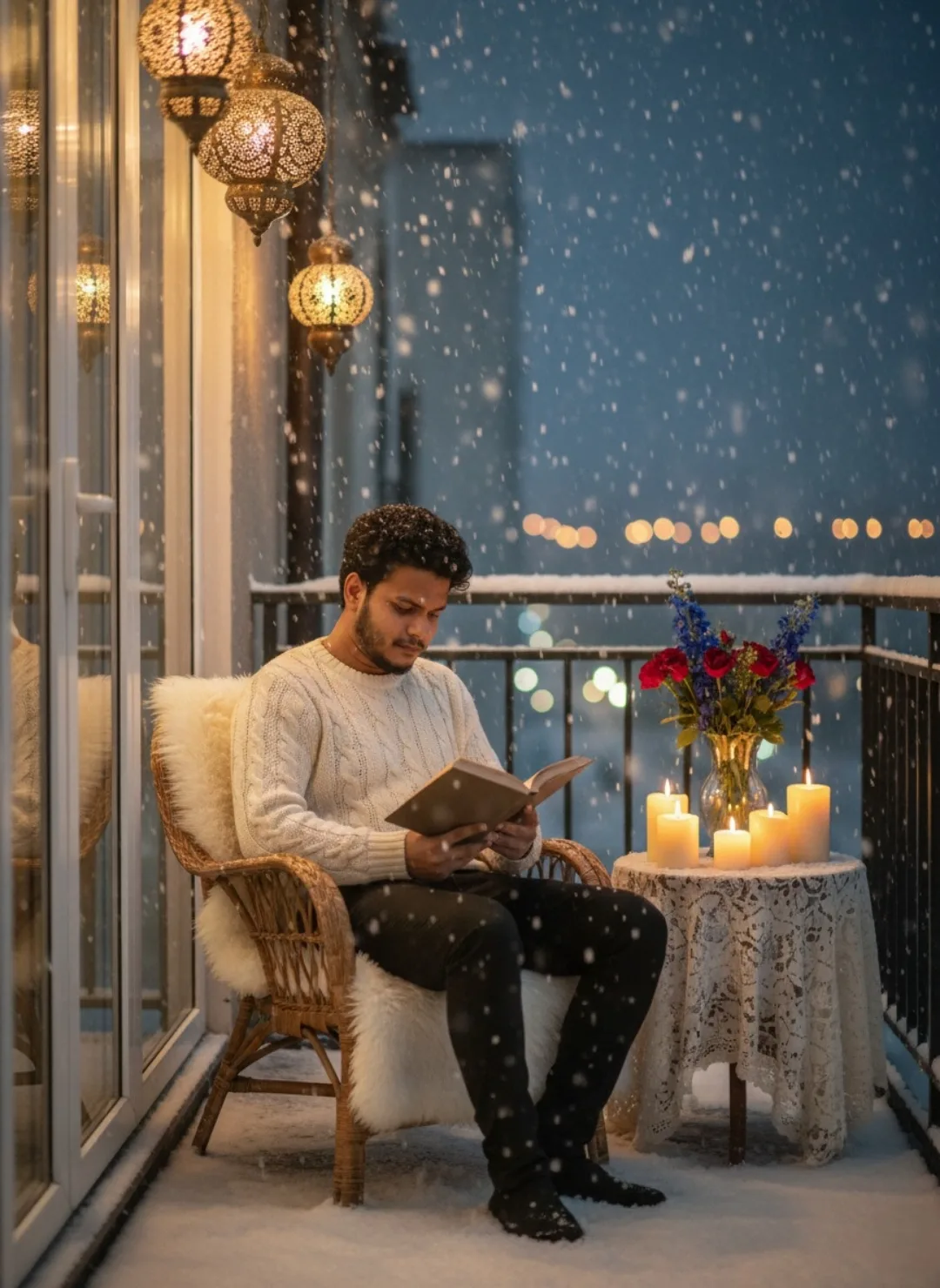 **Prompt:** A young man with short curly dark hair and light beard sitting in a wicker armchair draped with a thick white fur throw on a