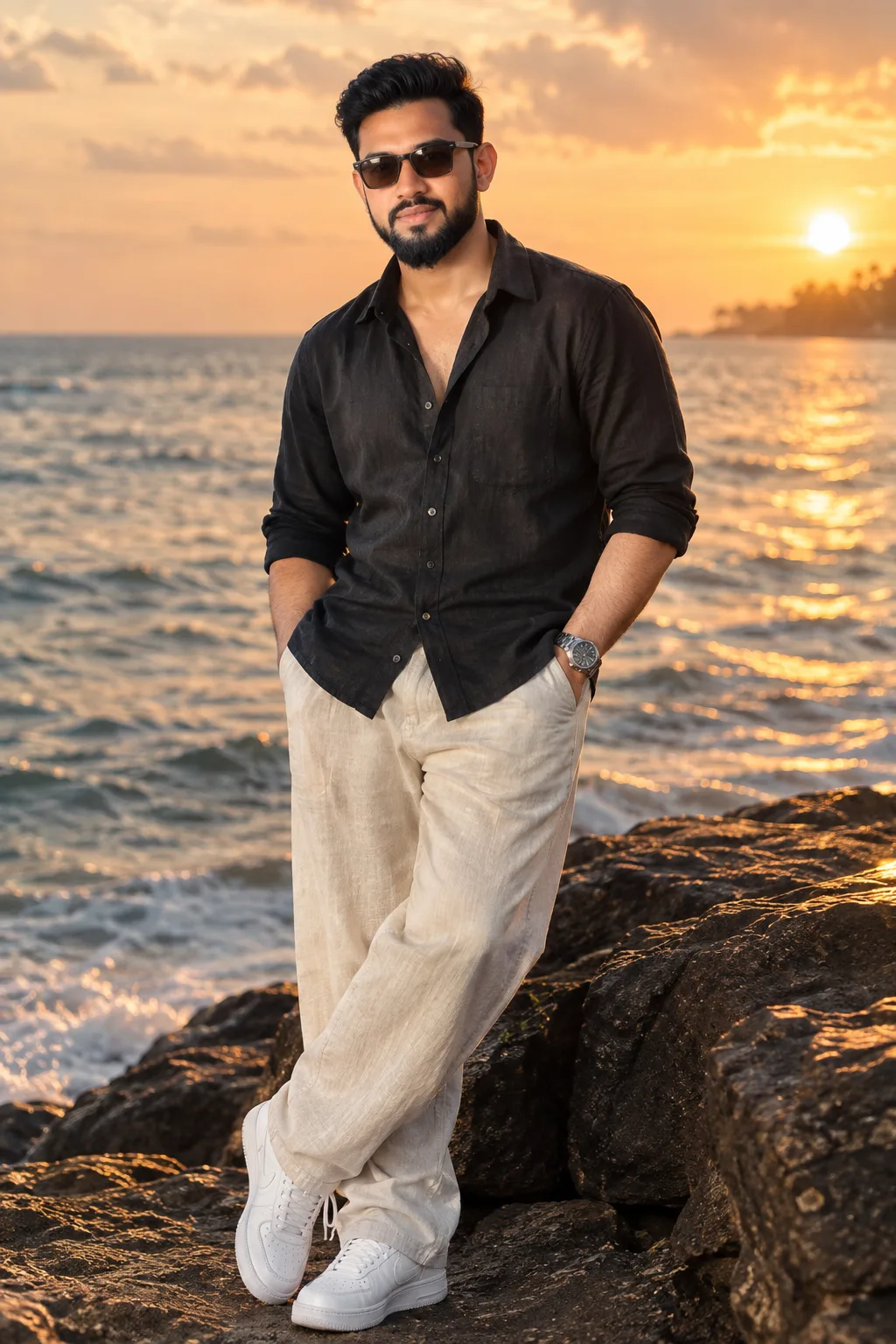 Ultra-realistic cinematic full-body/three-quarter portrait of a stylish young South Asian man standing casually beside the ocean during