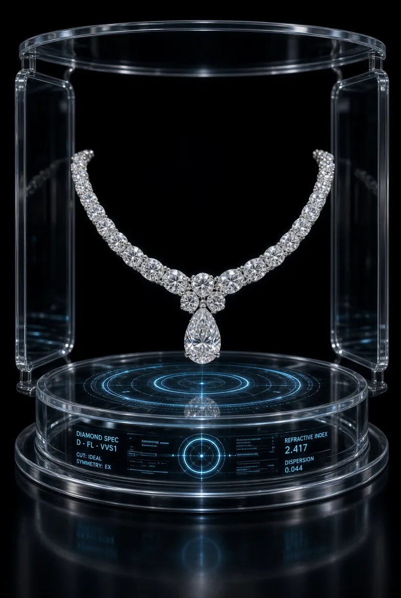 Premium diamond necklace floating inside a futuristic holographic display, transparent glass platform, elegant reflections, soft studio