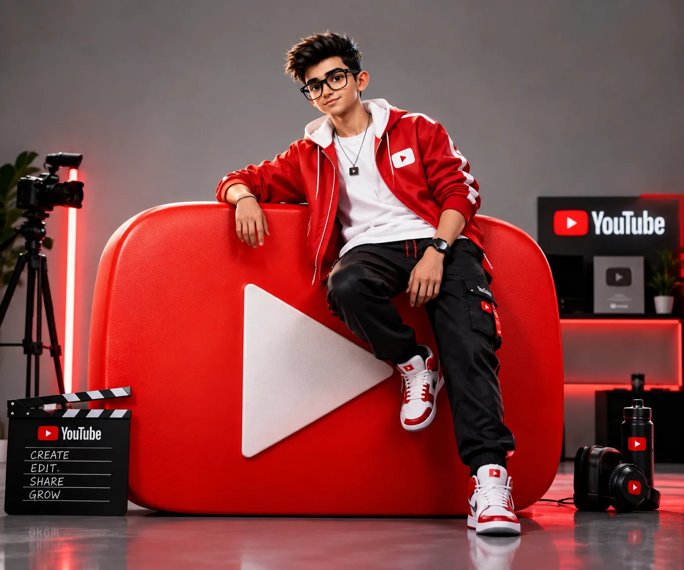 A hyper-realistic editorial photograph of a stylish, confident man interacting with an oversized **YouTube logo**.