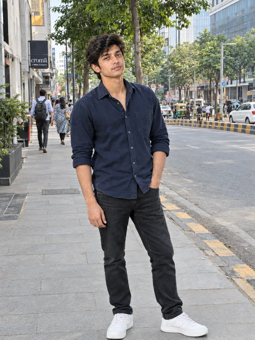 Ultra realistic photograph of a young man standing on a city street during daytime, shot on a real DSLR camera.