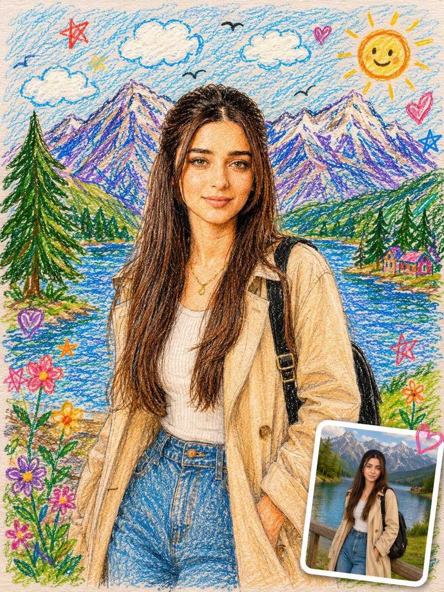 GPT IMAGE 2 on CHAT GPT: Prompt: Transform the uploaded photo into a whimsical childhood sketchbook illustration, as if lovingly drawn by a