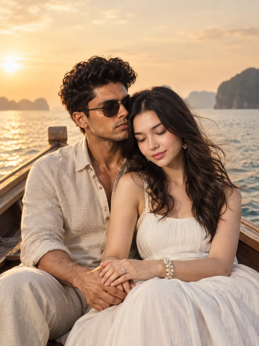 Photorealistic vertical portrait of an intimate couple seated in the bow of a wooden boat at sea during golden hour, three-quarter view,