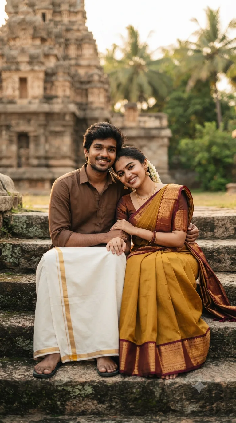 Create a highly realistic, photorealistic portrait of a young South Indian couple sitting together on traditional stone steps near an