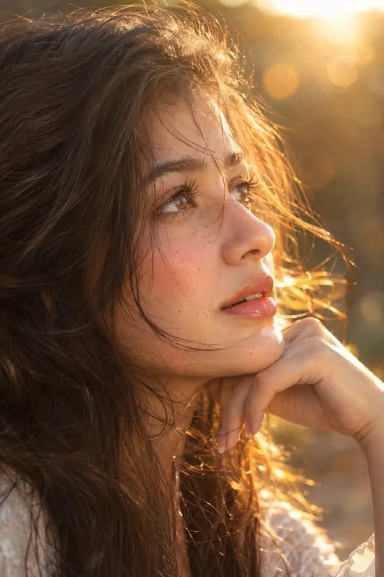 Create a realistic close-up portrait of an adult woman during golden hour.