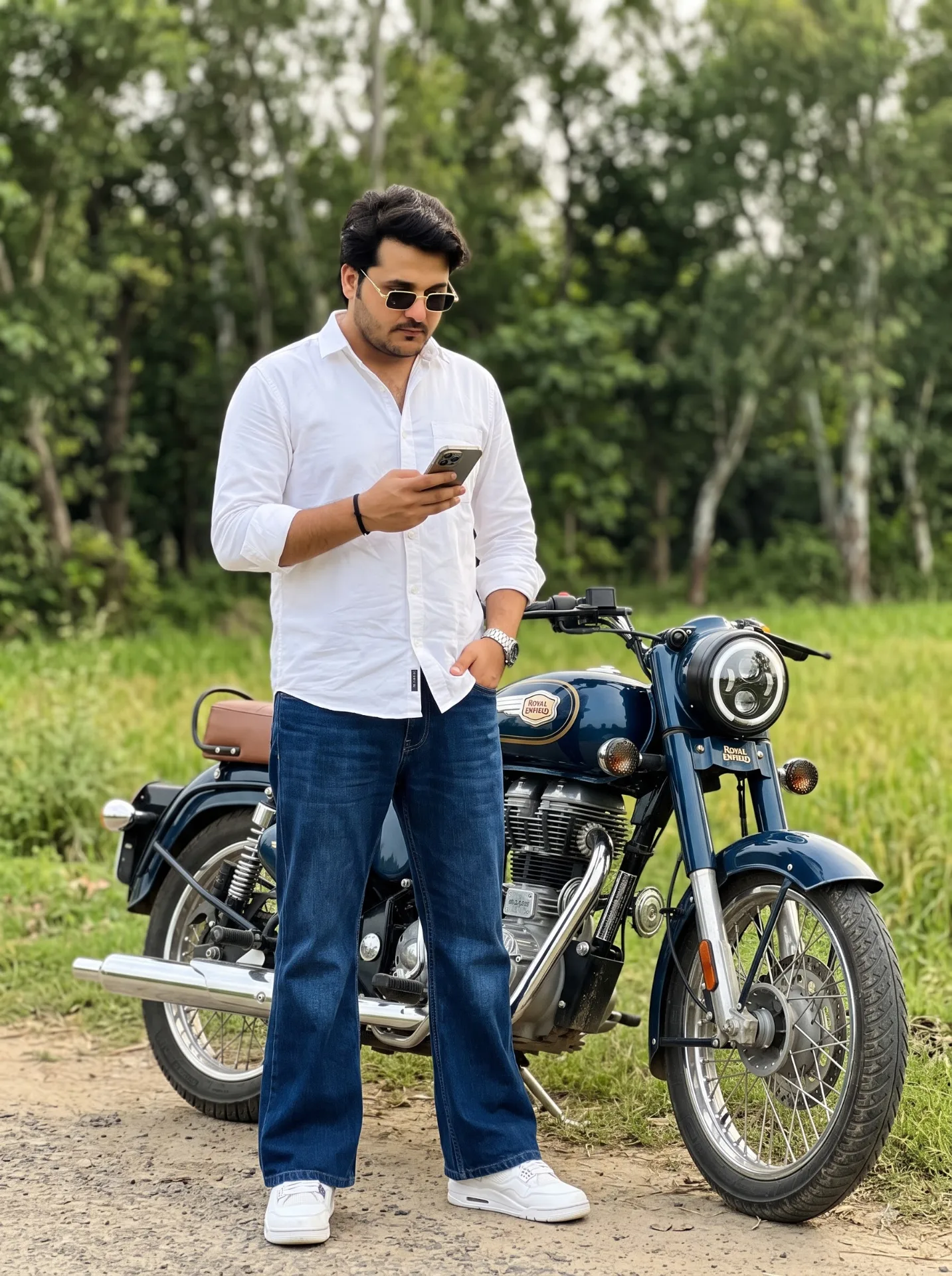 "Photorealistic full-body photo of a young Indian man in his early 20s, sleek stylish hair, light beard, white long-sleeve button-up shirt