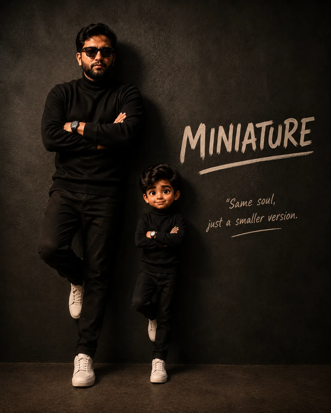 Cinematic portrait of a boy standing side by side with his miniature version, both positioned against a textured dark wall.