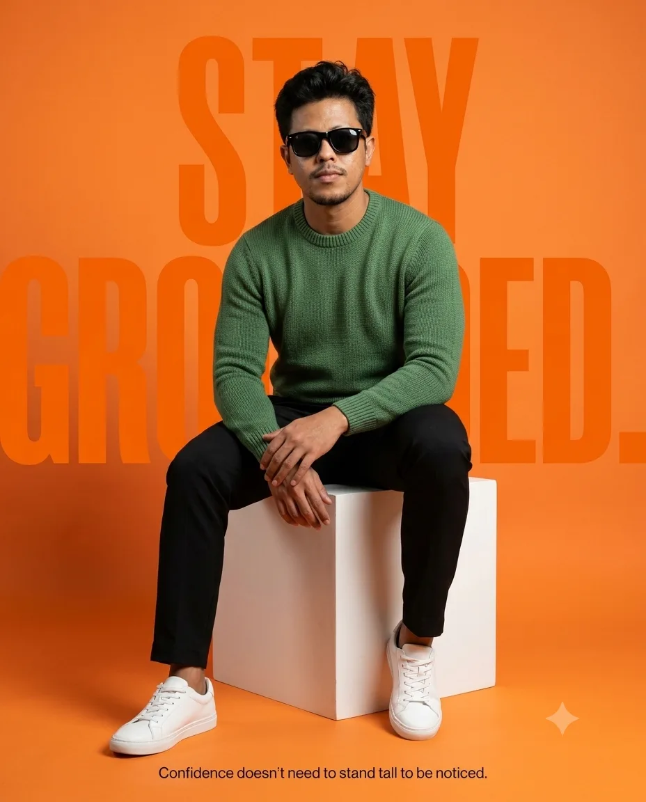 Premium ultra-realistic fashion editorial featuring a stylish male model sitting confidently on a clean white cube in a minimalist studio