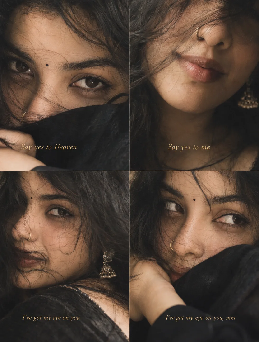 Cinematic four-panel vertical close-up portrait collage of the same young South Indian woman with long voluminous dark wavy hair,
