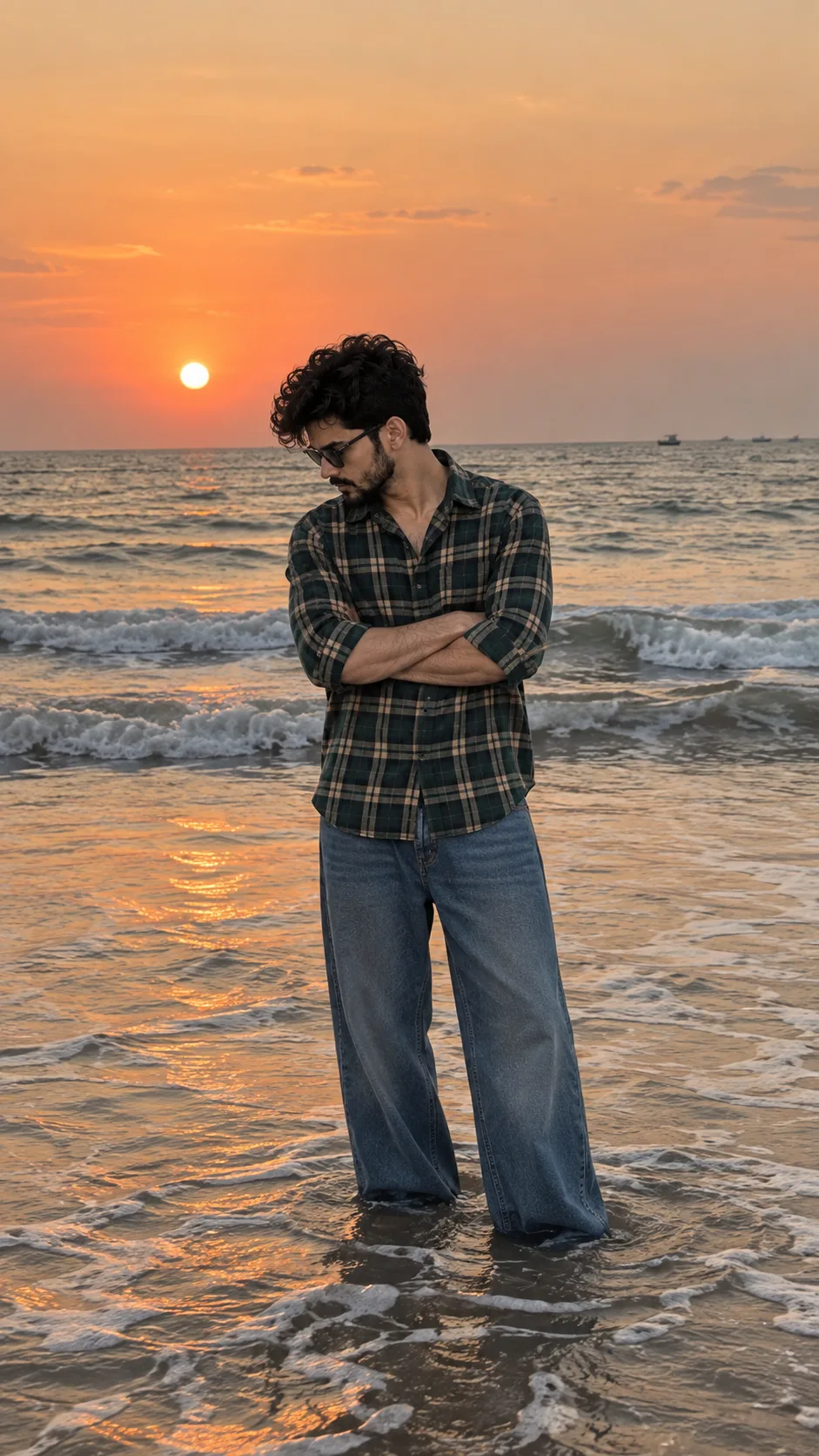 A full-body candid photo of a young man standing ankle-deep in the ocean water at a beach during sunset.