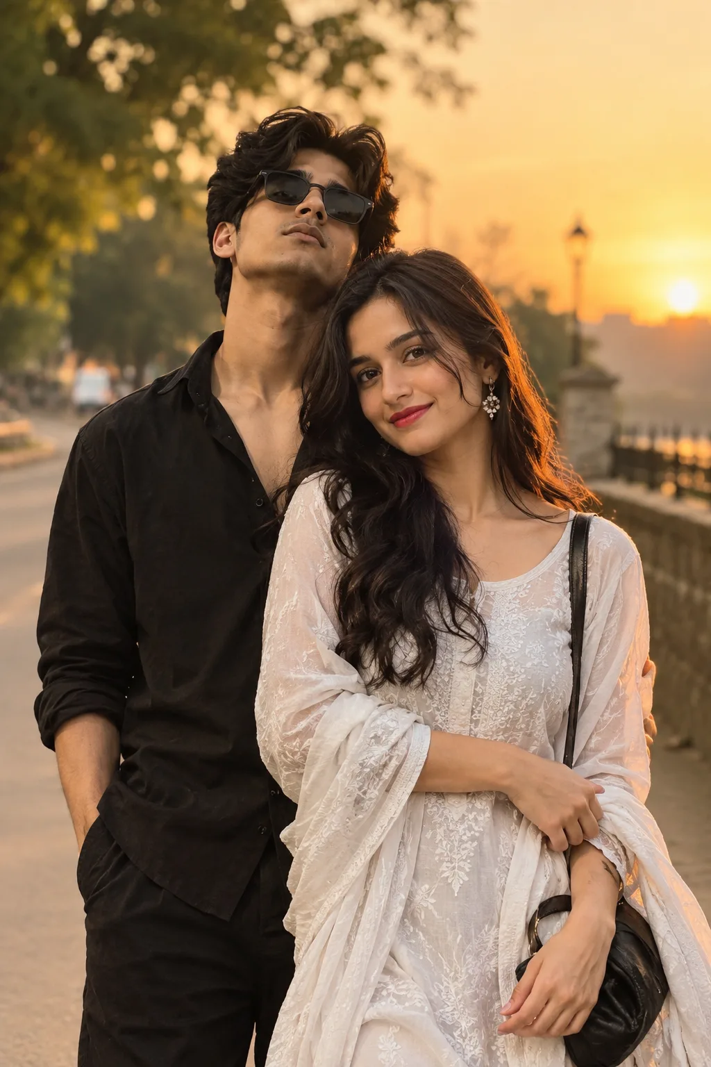 Create a highly realistic cinematic photograph of a young couple using the two uploaded reference photos.