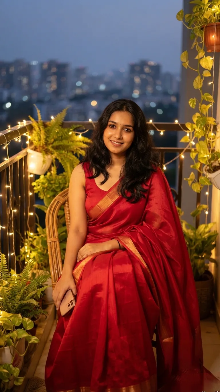 A beautiful young South Asian woman with long dark wavy hair wearing a vibrant red sleeveless blouse and matching saree, sitting on a cozy