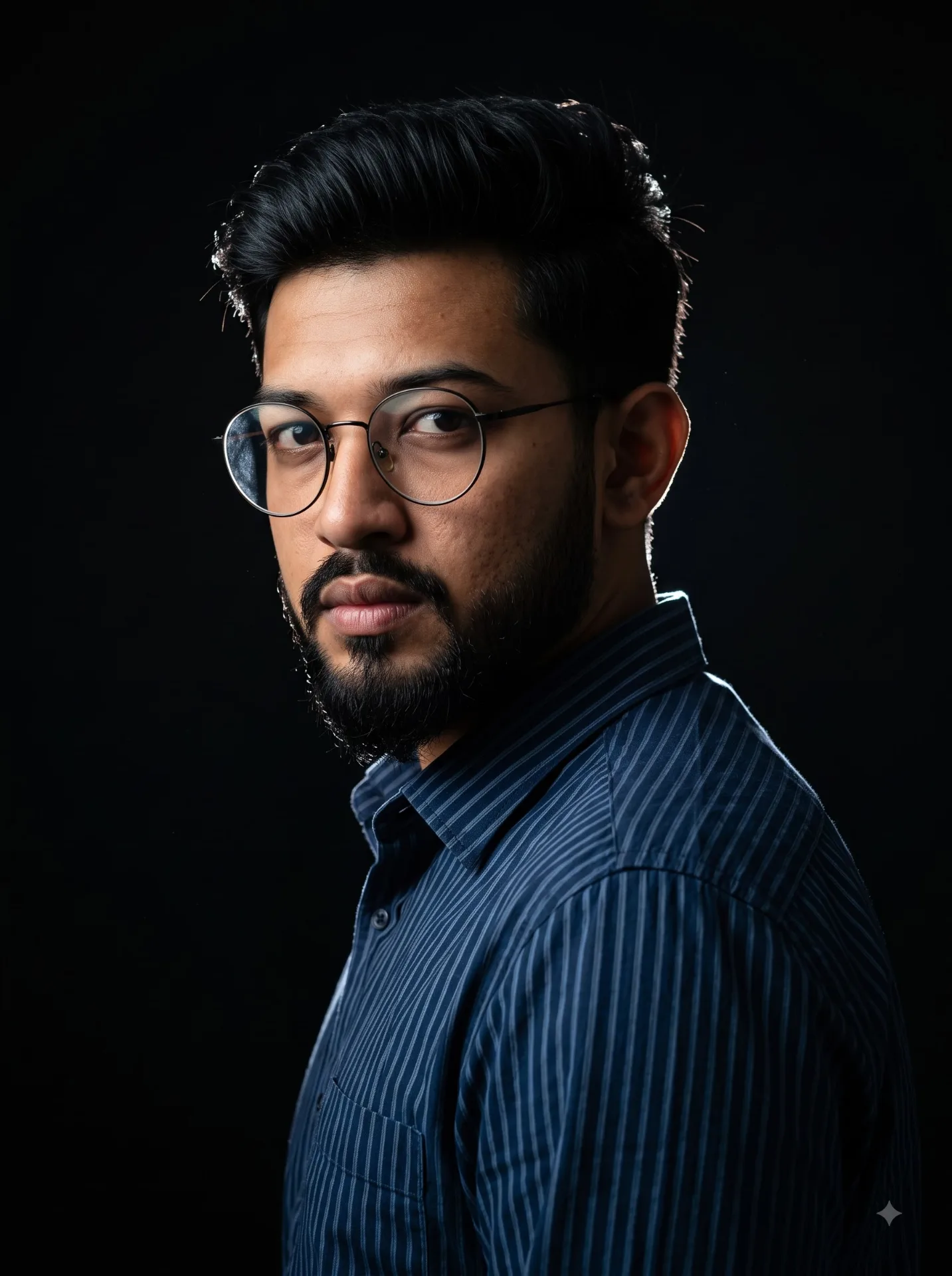 "A cinematic, high-contrast studio portrait of a young South Asian man looking back over his shoulder toward the camera, set against a
