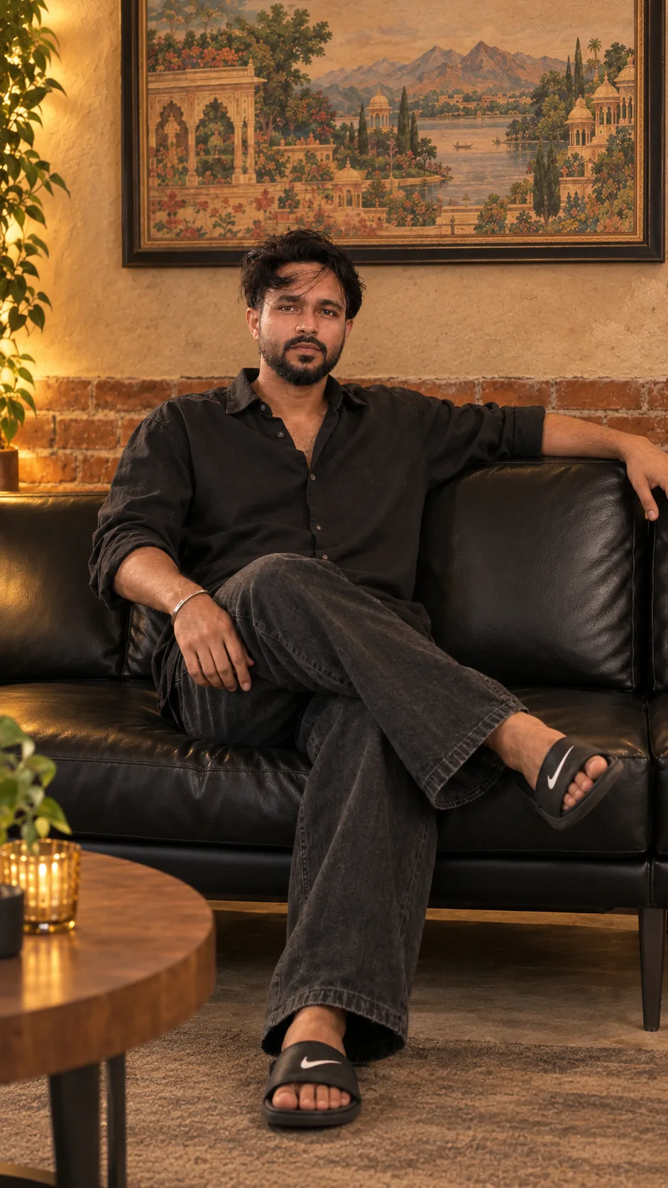 Create a photorealistic high-end cinematic lifestyle fashion photograph of a stylish young South Asian man sitting casually on a modern