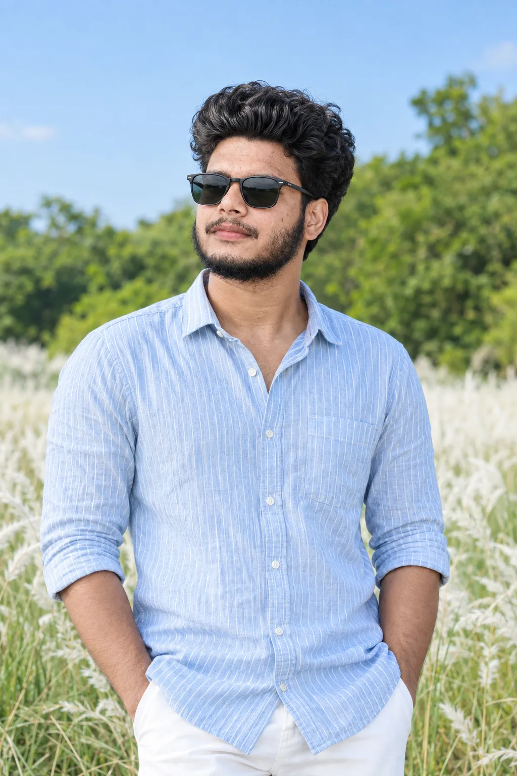 A young man with curly dark hair, wearing black sunglasses, standing in a white grass field during daytime, looking to the left side with a