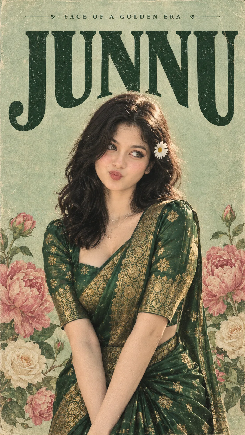 USE THIS IMAGE INTO A RETRO-STYLE INDIAN MOVIE POSTER OR MAGAZINE COVER FEATURING A YOUNG WOMAN WITH SHOULDER-LENGTH WAVY BLACK HAIR,