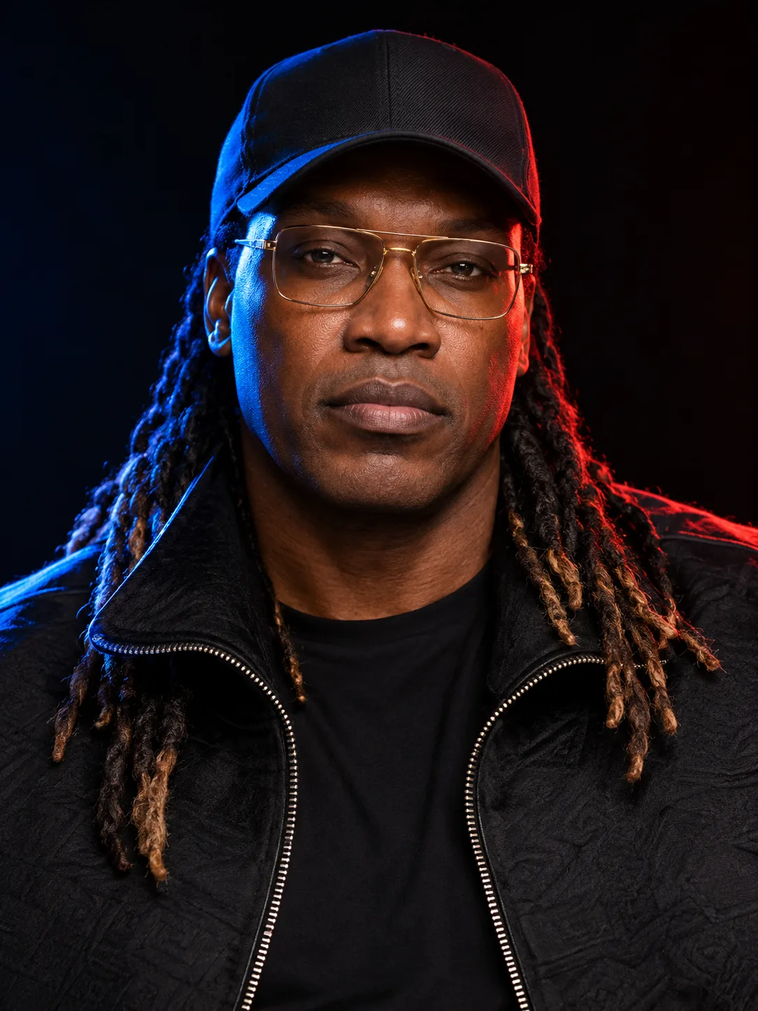 Create an ultra-realistic cinematic studio portrait of a stylish adult Black man, framed from the chest upward and facing directly toward