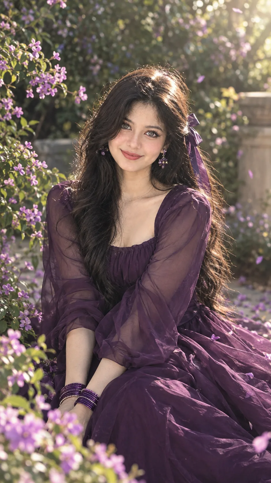 A Indian woman, Create a ultra photorealistic hd High-resolution portrait image of this girl wearing dark purple gown flowing gracefully.