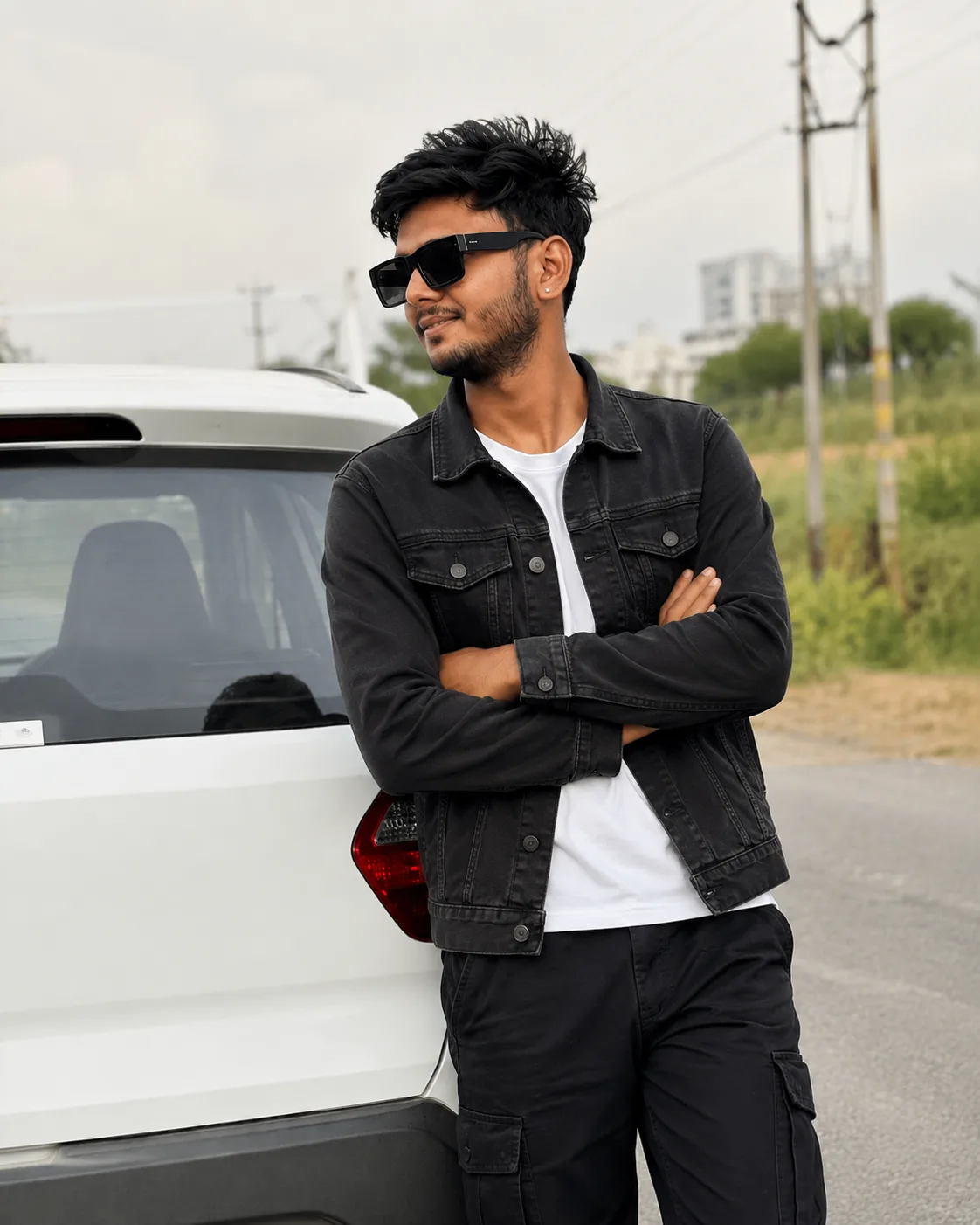 Create a highly realistic, stylish outdoor portrait of a confident young Indian man standing casually beside the rear side of a white