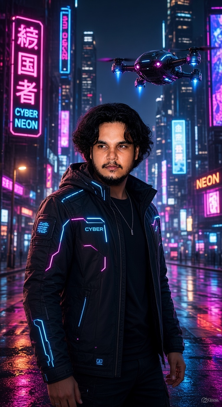 futuristic cyberpunk city street at night, neon glowing signs in Japanese and English, wet rain-slicked asphalt reflecting vibrant pink and
