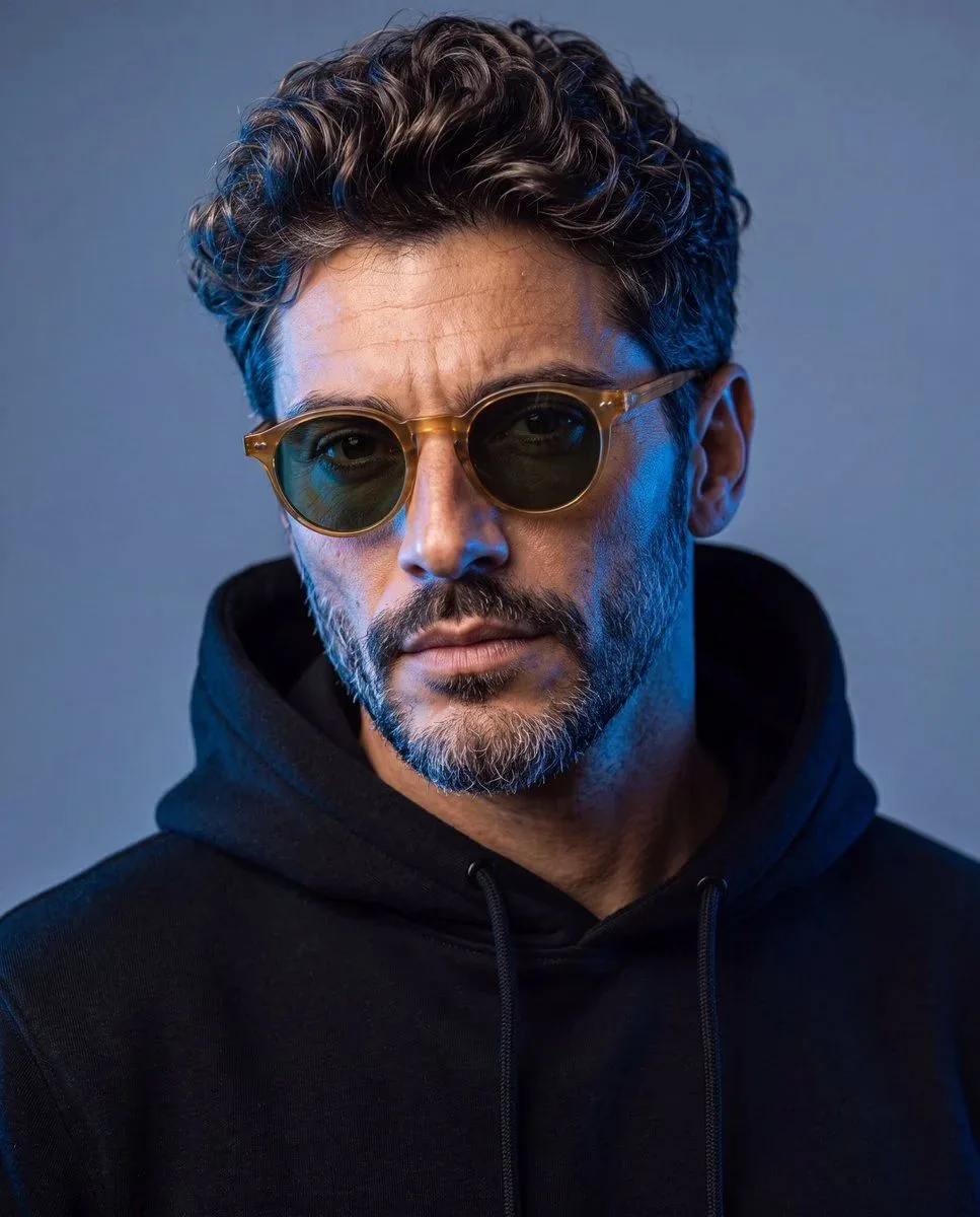 Ultra-realistic cinematic close-up portrait of a young man with wet skin and damp, messy hair.