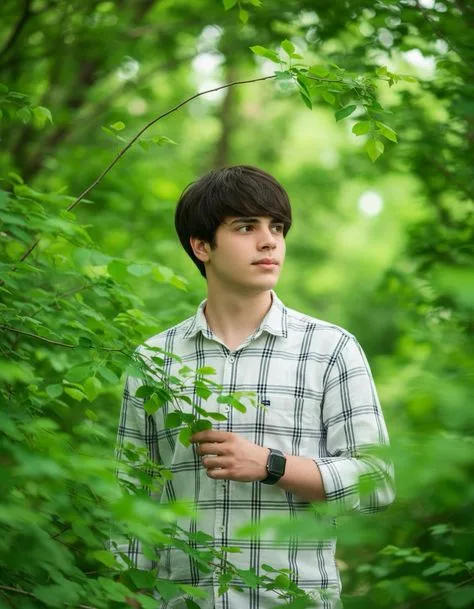 A cinematic, high-end outdoor portrait of a handsome young man with clean-cut dark brown hair and a soft fringe, looking thoughtfully