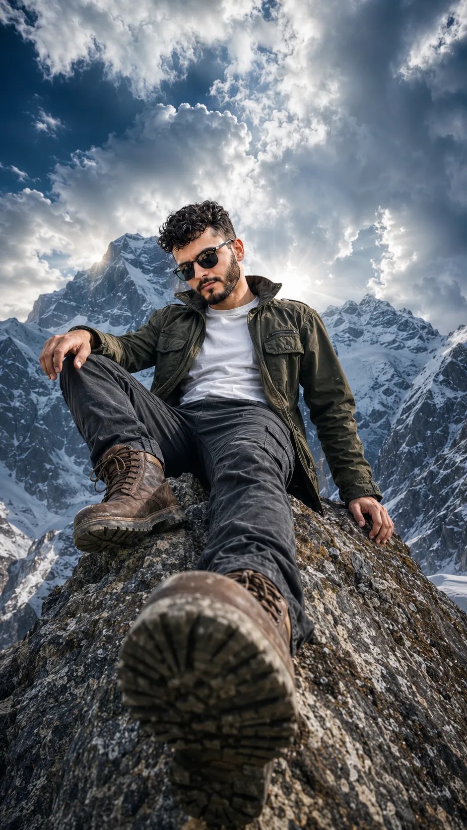 Create a 9:16 dramatic cinematic photo of a real young man sitting on the jagged rocky peak of a massive snow-covered mountain, shot from
