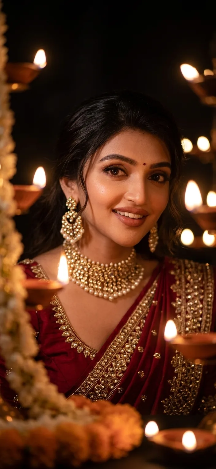 A hyper-realistic close-up portrait of a woman dressed in elegant traditional Indian attire, immersed in a soft, dreamlike atmosphere