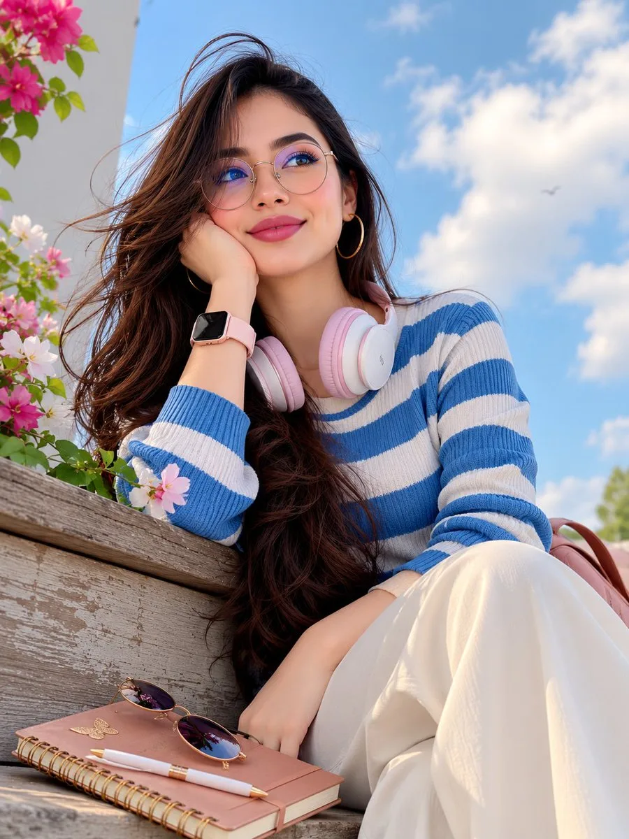 Photorealistic vertical portrait of a young woman outdoors against a bright sky filled with soft, fluffy clouds; low-angle perspective from