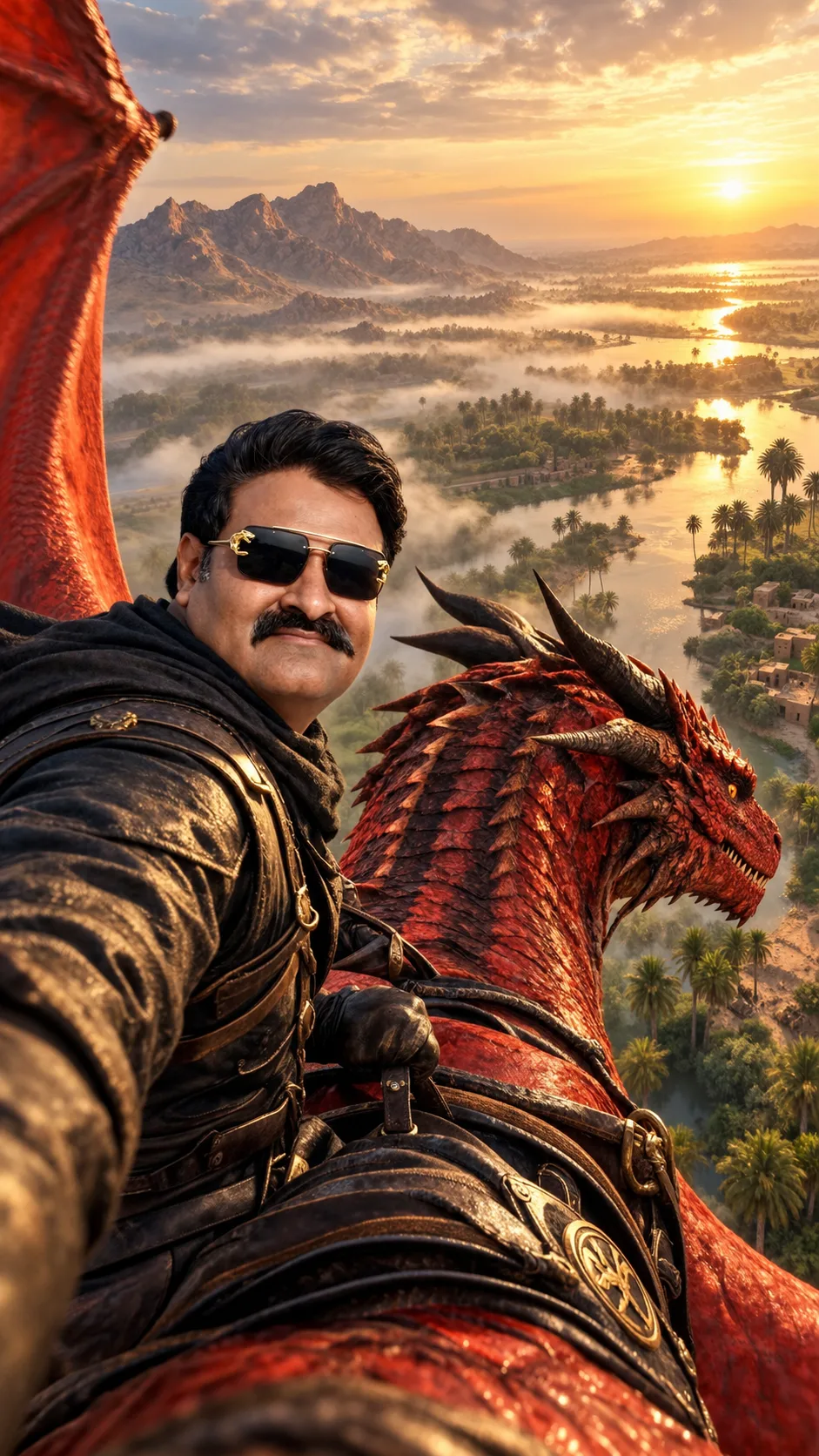 A high-detail wide-angle selfie photo of a Middle Eastern or South Asian man with a mustache, wearing dark aviator sunglasses and a black