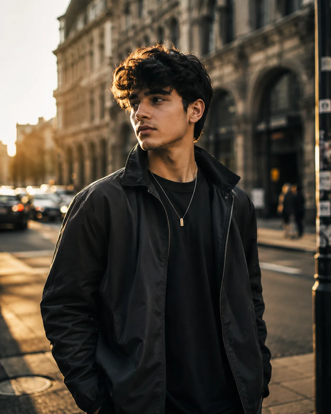 Create a highly realistic, cinematic professional photograph of a stylish young person standing confidently on a modern city street during
