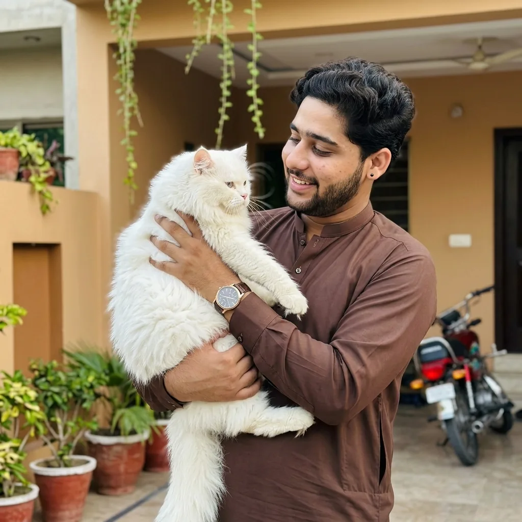 A highly realistic lifestyle portrait of a handsome young South Asian man holding a large fluffy white Persian cat in front of a beautiful