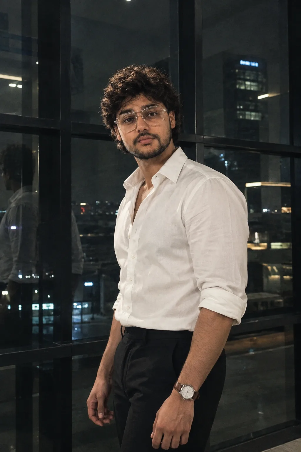 "A moody, cinematic night portrait of a young man with short, soft, dark curly hair and a faint mustache, looking over his shoulder with a