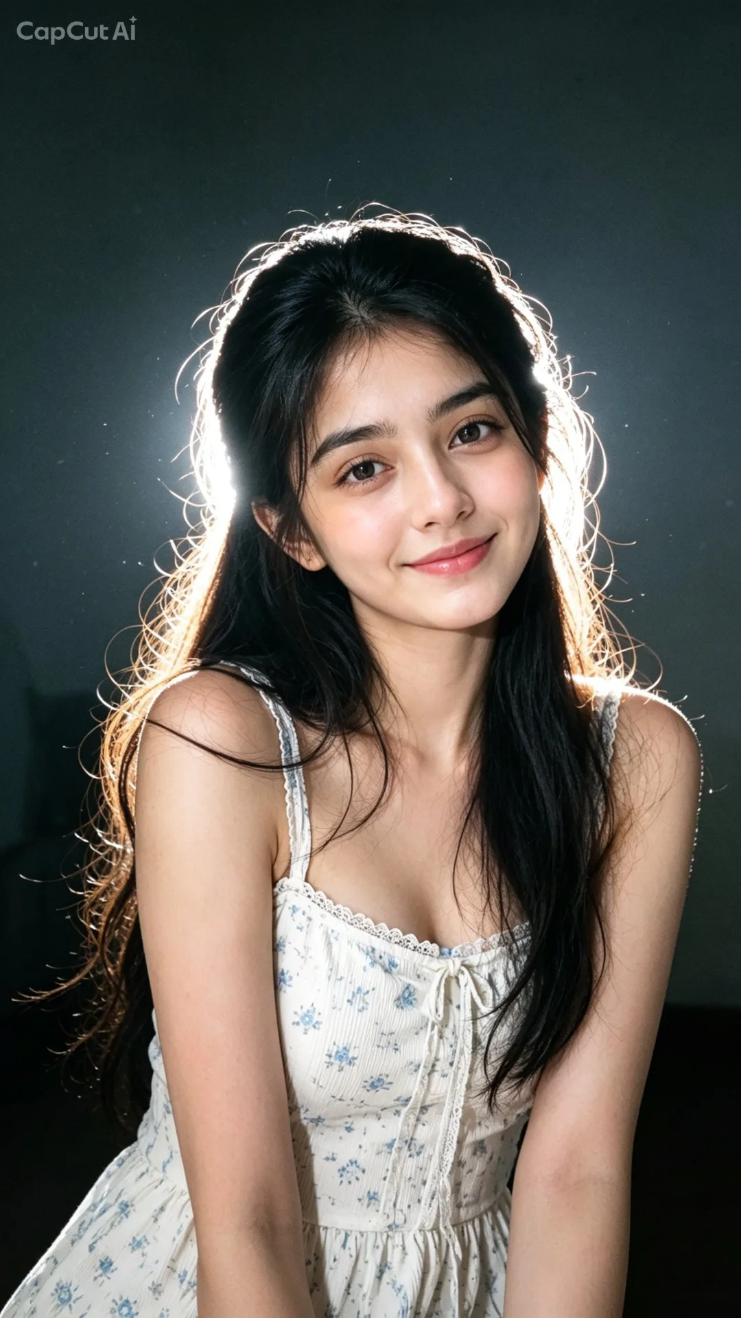 Relight image. Background: Deep and muted, darker tone at the top, grainy. Lighting: Bold night-flash aesthetic combining natural light